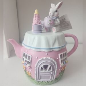 Light Up Pink Teapot House with Bunny and Flowers Resin